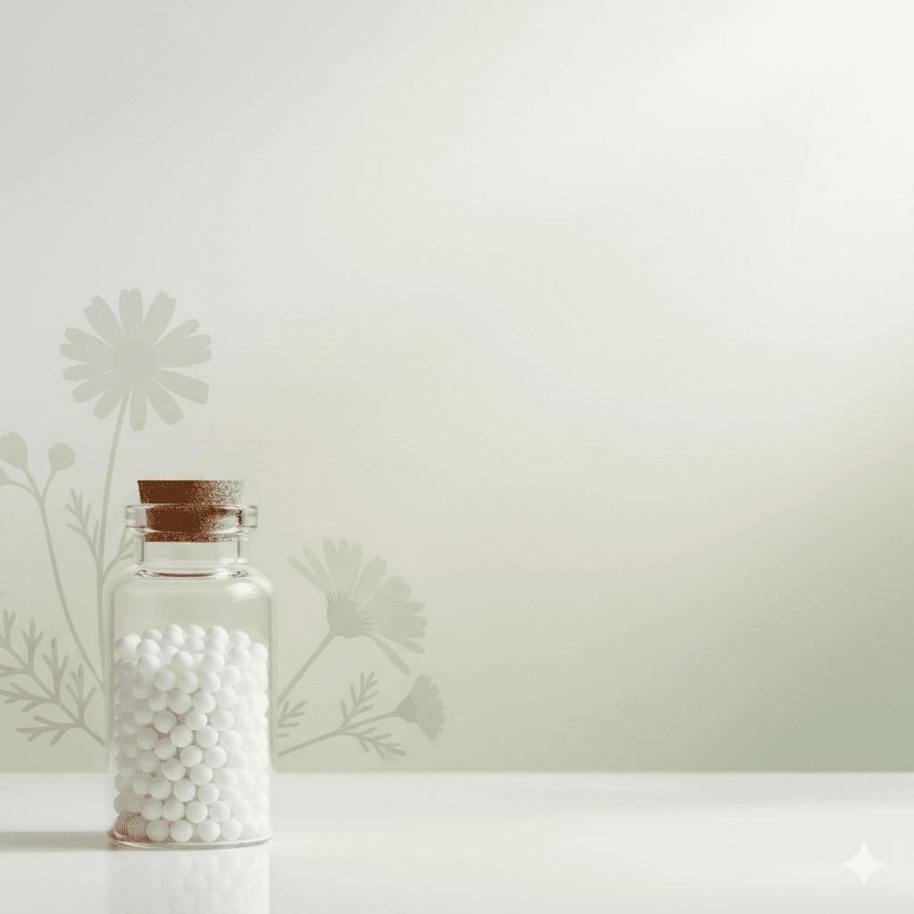 Glass bottle of homoeopathic globules with soft botanical backdrop